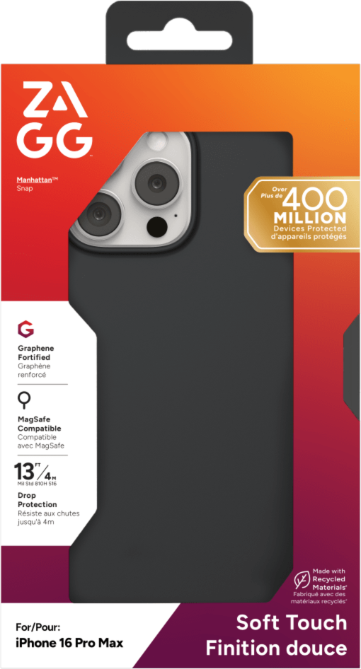 Strengthened with Graphene, ZAGG's Manhattan Snap series case offers a soft-touch surface, 13 ft drop protection, and seamless MagSafe compatibility.