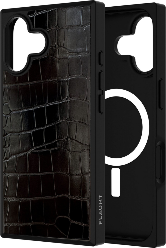 The FLAUNT SQUARE® Faux Leather case offers sleek, chic protection with a patent-pending square design and cushioned corners for enhanced shock absorption, featuring 12ft drop test protection.