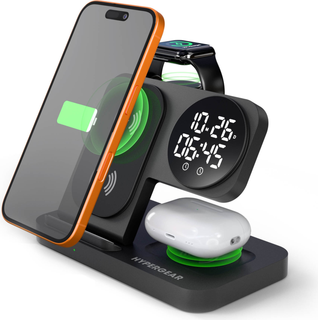 HyperGear PowerFold 24/7 Charging Stand combines wireless charging, a digital alarm clock, and a foldable stand design to keep devices powered and visible day or night.