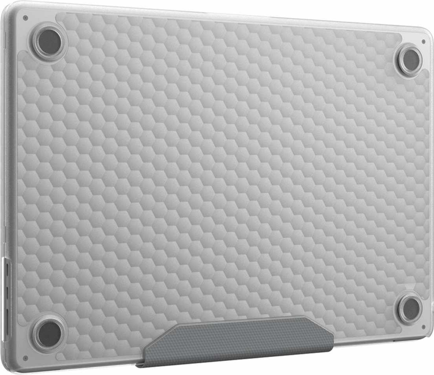 The UAG Essential Armor for Apple MacBooks is a one-piece, featherlight case featuring a translucent design, tactile grip, MIL-STD drop protection, and cooling vents for optimized performance.