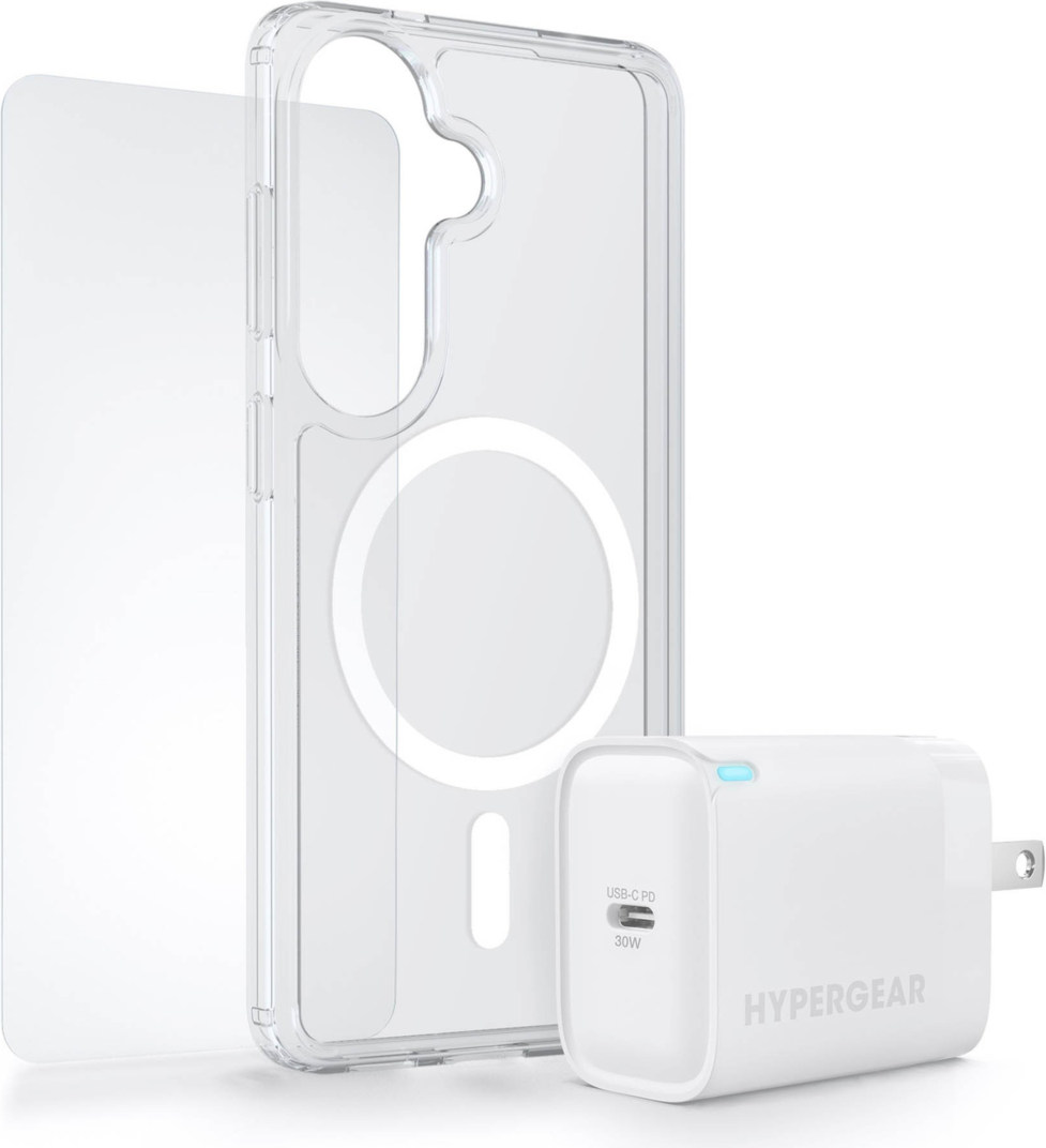The HyperGear Accessory Bundle provides all the essentials to get started with a new phone: a clear magnetic case, a screen protector, and a fast-charging 30W power adapter.