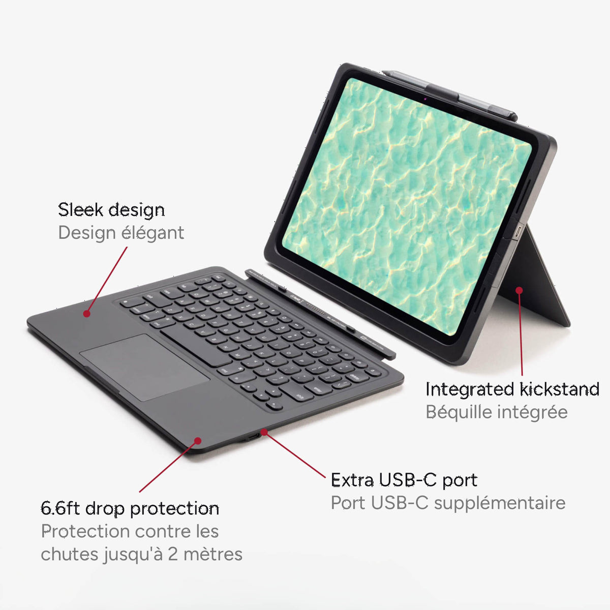 The ZAGG Pro Keys keyboard & case connects to iPad through USB-C and features laptop-style keys & trackpad, adjustable stand and a holder for the Apple Pencil.