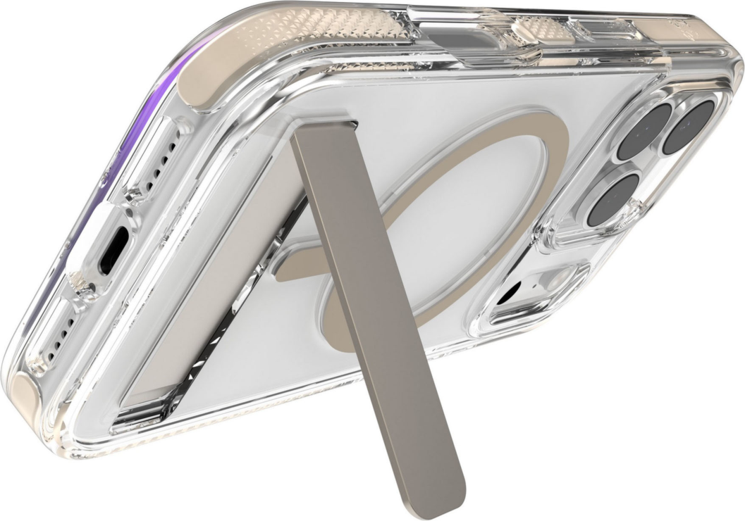 The ZAGG Santa Cruz Snap is a transparent case with pops of color that accent its design. It offers 13-foot drop protection, a sturdy kickstand that folds flush with the case, and is MagSafe compatible.