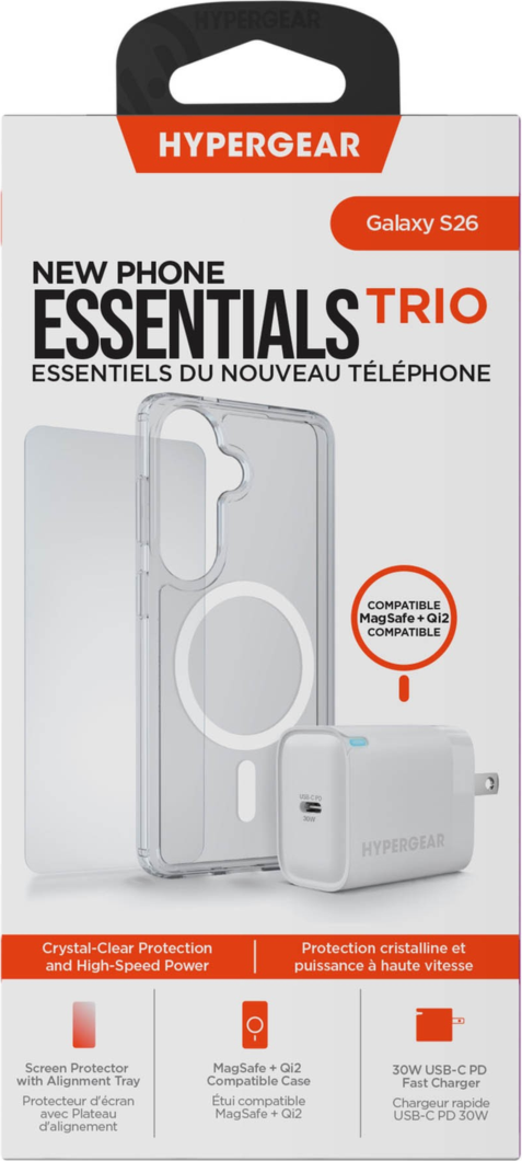 The HyperGear Accessory Bundle provides all the essentials to get started with a new phone: a clear magnetic case, a screen protector, and a fast-charging 30W power adapter.