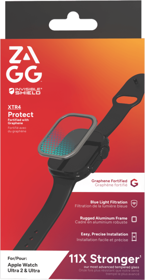<p>Fortified with graphene, the ZAGG InvisibleShield Glass XTR4 Screen Protector for Apple Watch features a blue light filter, anti-reflective technology, and a sleek aluminum frame.</p>