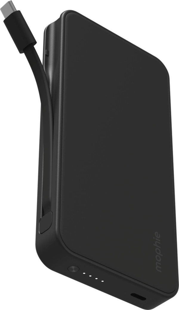 Mophie 10,000 mAh Powerstation Plus delivers up to 20W fast charging with an integrated USB-C cable, dual-device charging, and enough power for up to two full phone charges.