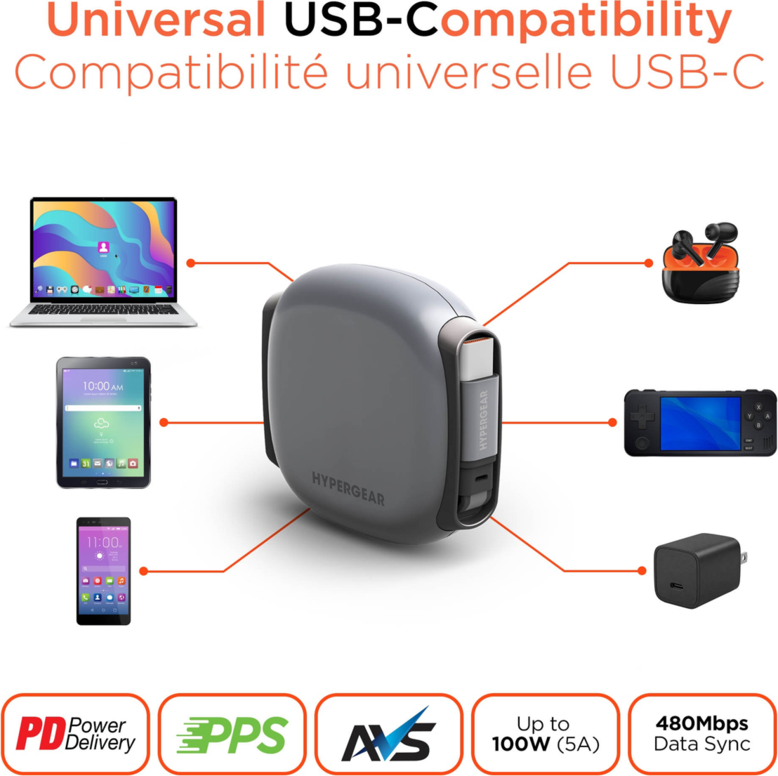 HyperGear FlexiGo 100W USB-C to USB-C Retractable Cable delivers up to 100W USB-C Power Delivery with a compact, retractable design for organized charging on the go.