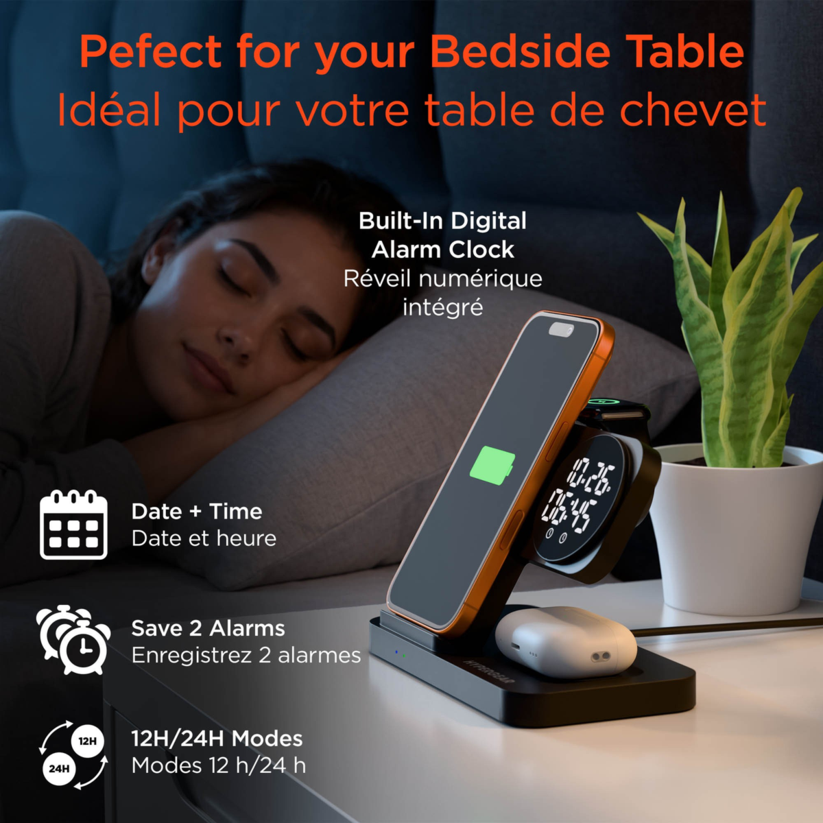 HyperGear PowerFold 24/7 Charging Stand combines wireless charging, a digital alarm clock, and a foldable stand design to keep devices powered and visible day or night.