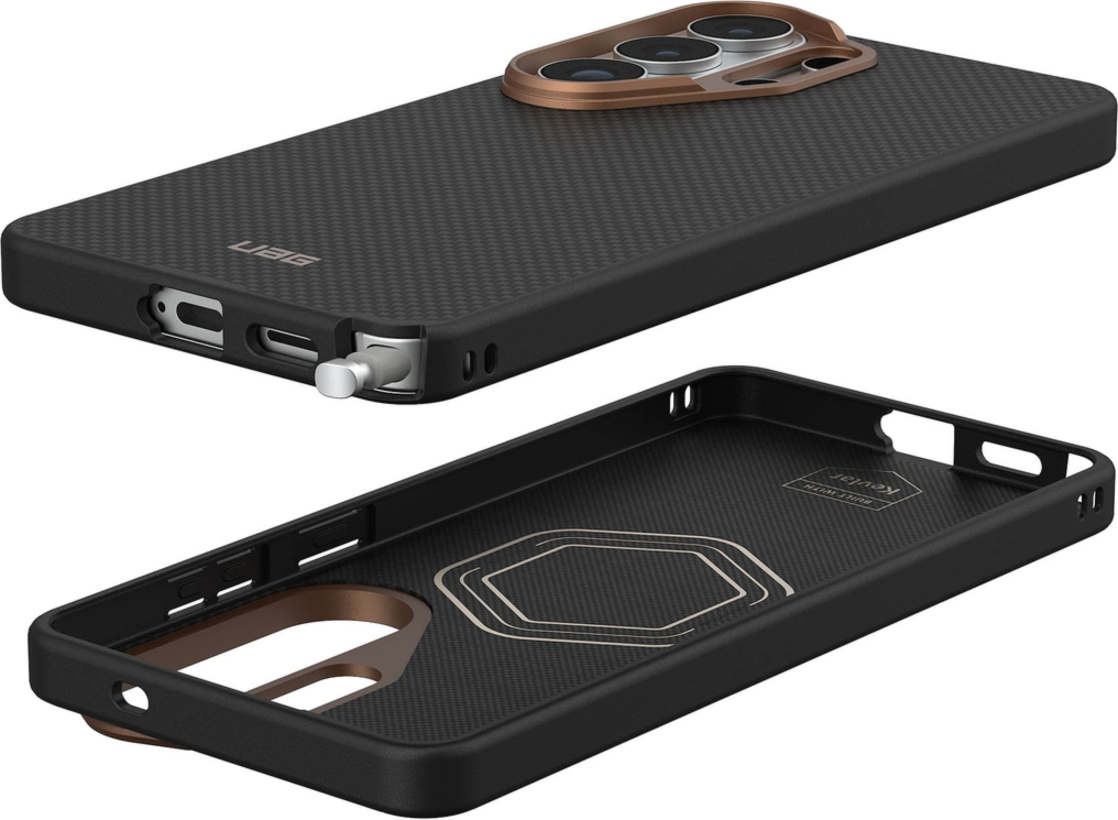 Crafted with premium DuPont™ Kevlar® and striking metallic accents, the UAG Fibr Armr case blends 15ft drop protection with a slim TPU frame and integrated magnets for wireless charging and accessories.