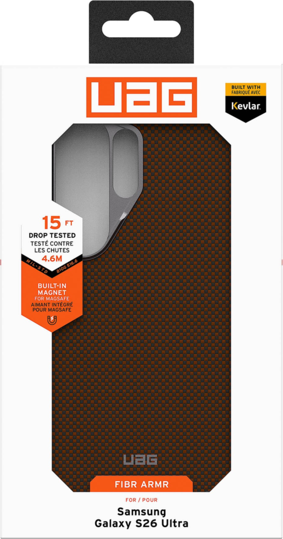 Crafted with premium DuPont™ Kevlar® and striking metallic accents, the UAG Fibr Armr case blends 15ft drop protection with a slim TPU frame and integrated magnets for wireless charging and accessories.