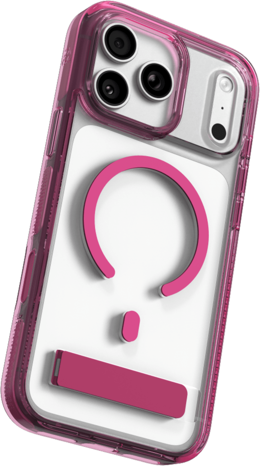 The ZAGG Santa Cruz Snap is a transparent case with pops of color that accent its design. It offers 13-foot drop protection, a sturdy kickstand that folds flush with the case, and is MagSafe compatible.