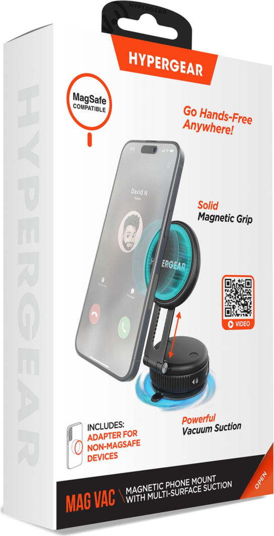HyperGear Mag Vac Magnetic Phone Mount with Vacuum Suction Cup Base is a portable MagSafe-compatible mount with strong magnetic grip, adjustable viewing, and reusable vacuum suction for any smooth surface.