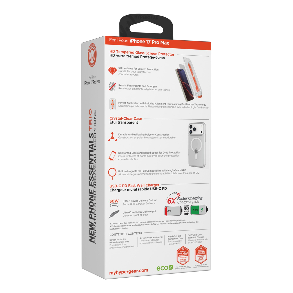 The HyperGear Accessory Bundle provides all the essentials to get started with a new phone: a clear MagSafe case, a screen protector, and a fast-charging 30W power adapter.