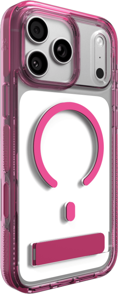 The ZAGG Santa Cruz Snap is a transparent case with pops of color that accent its design. It offers 13-foot drop protection, a sturdy kickstand that folds flush with the case, and is MagSafe compatible.