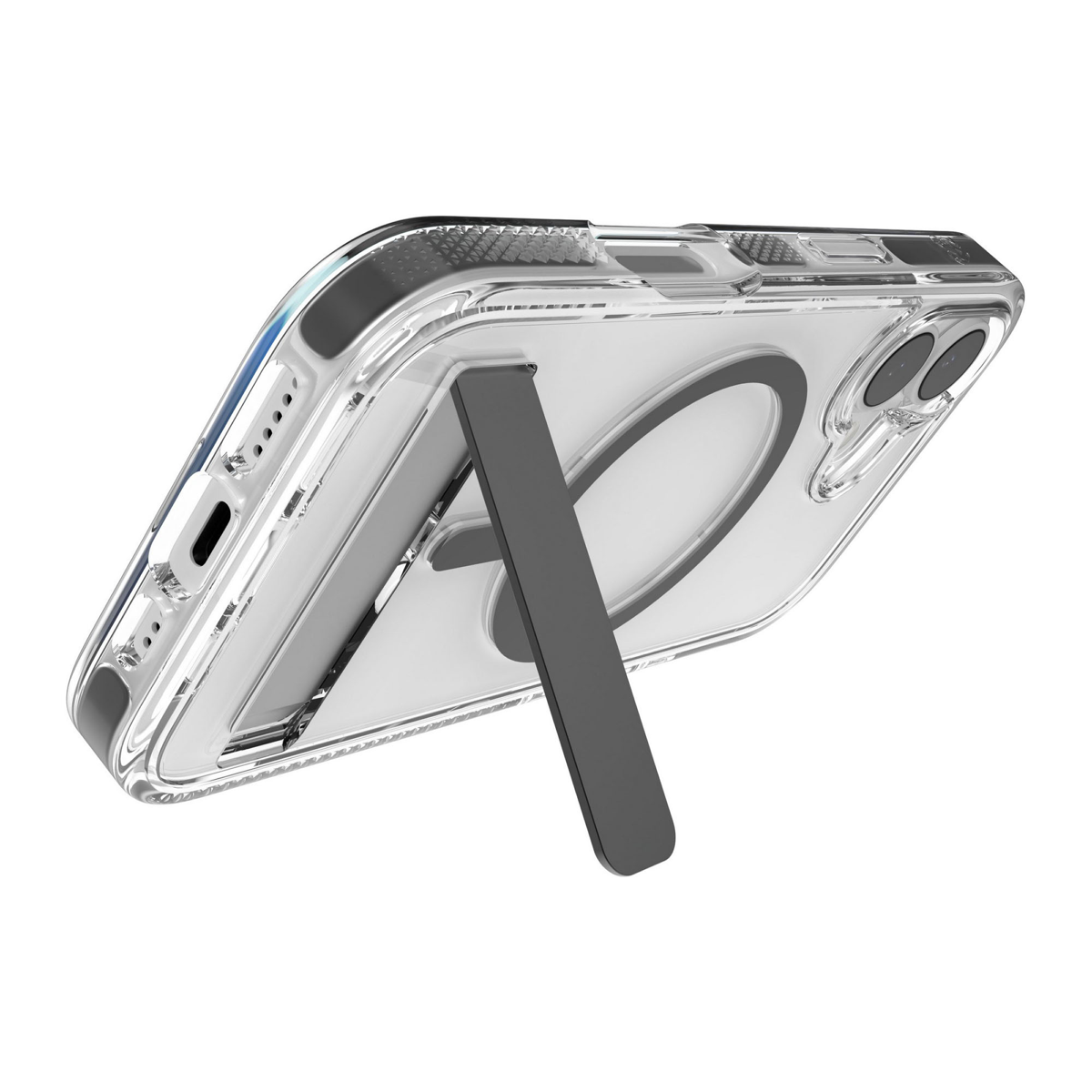 The ZAGG Santa Cruz Snap is a transparent case with pops of color that accent its design. It offers 13-foot drop protection, a sturdy kickstand that folds flush with the case, and is MagSafe compatible.