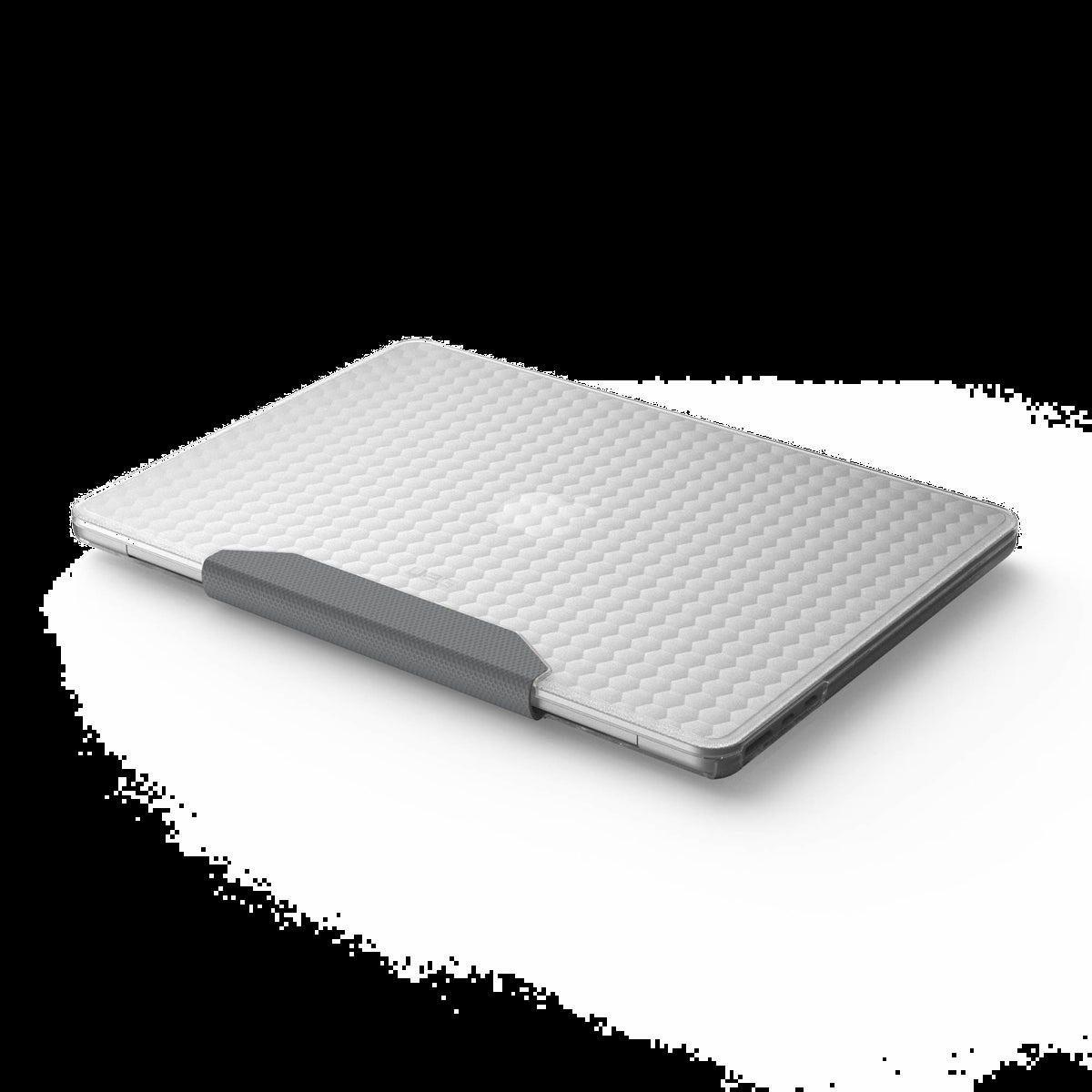 The UAG Essential Armor for Apple MacBooks is a one-piece, featherlight case featuring a translucent design, tactile grip, MIL-STD drop protection, and cooling vents for optimized performance.