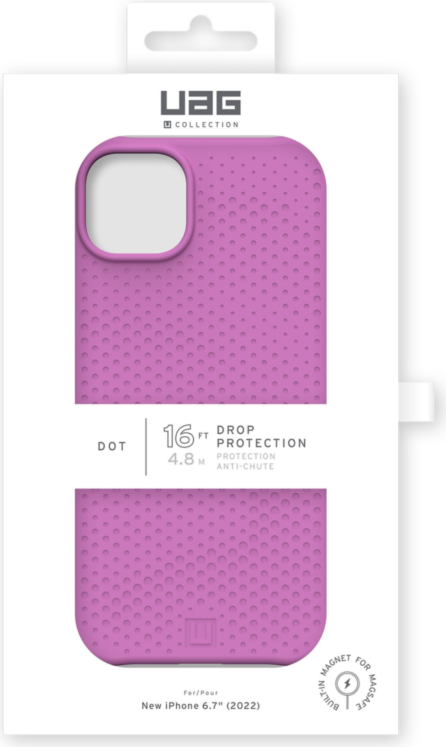 Keep your device protected without sacrificing style with the UAG Dot case featuring soft-touch silicone, a micro perforated textured design and a built-in magnet for fast MagSafe charging.