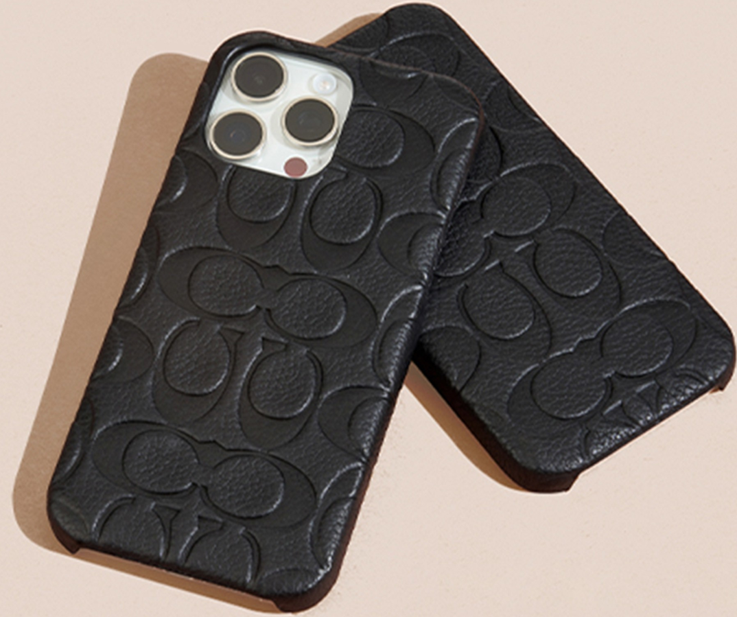 The Coach Leather Slim Wrap Case is durably designed with an impressive 10 ft drop protection and thin profile for wireless charging.