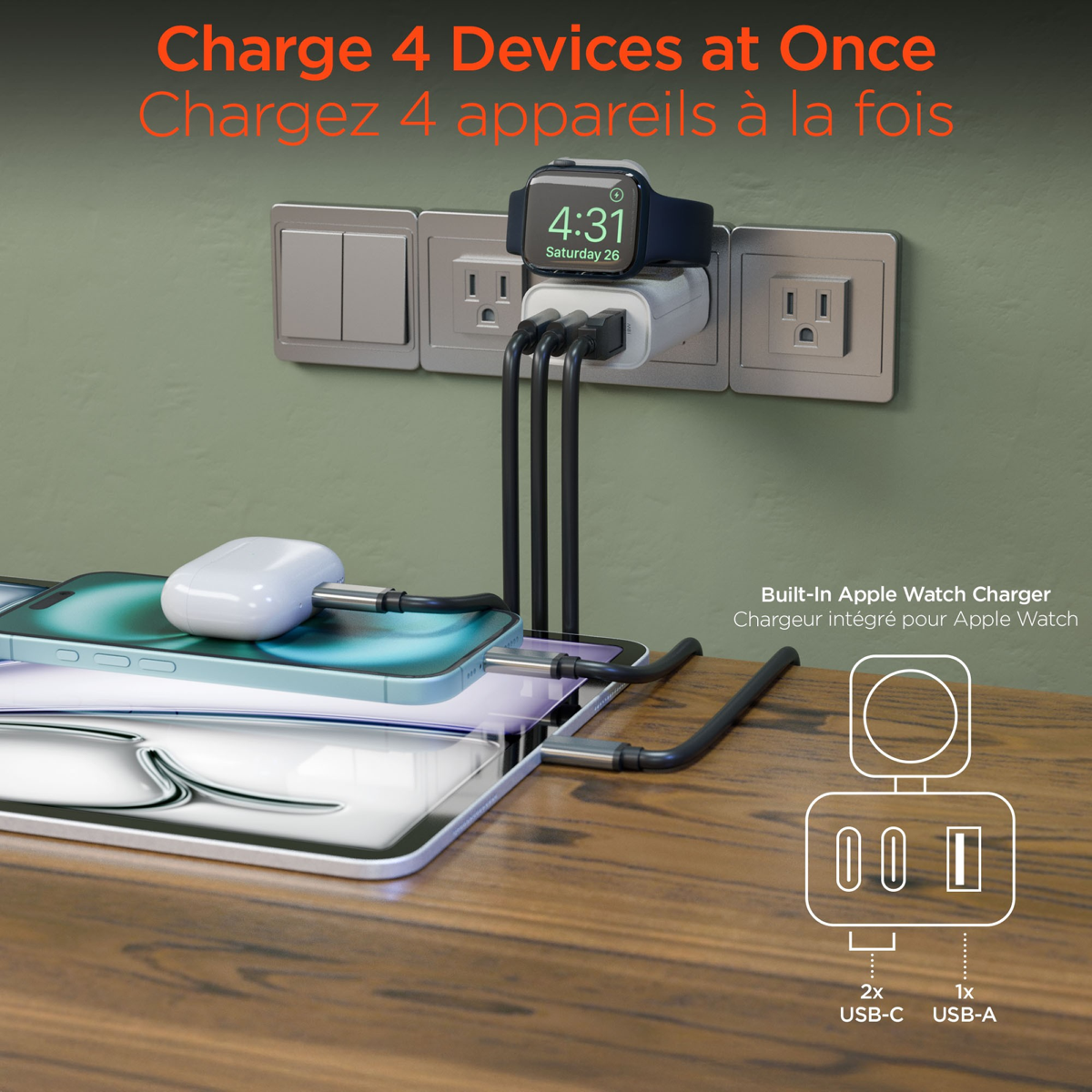 <p>Designed with Apple devices in mind, the HyperGear SpeedBoost 43W Multi-Port Charger features a built-in magnetic flip-up charging mount for Apple Watch and can power up four devices at once.</p>