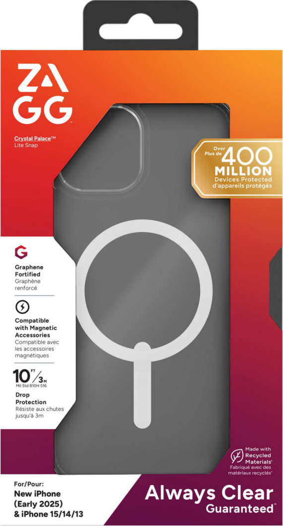 Strengthened with Graphene, ZAGG's Crystal Palace Snap Lite case combines an ultra-thin, crystal-clear profile with up to 6.6 ft drop protection and seamless MagSafe compatibility.