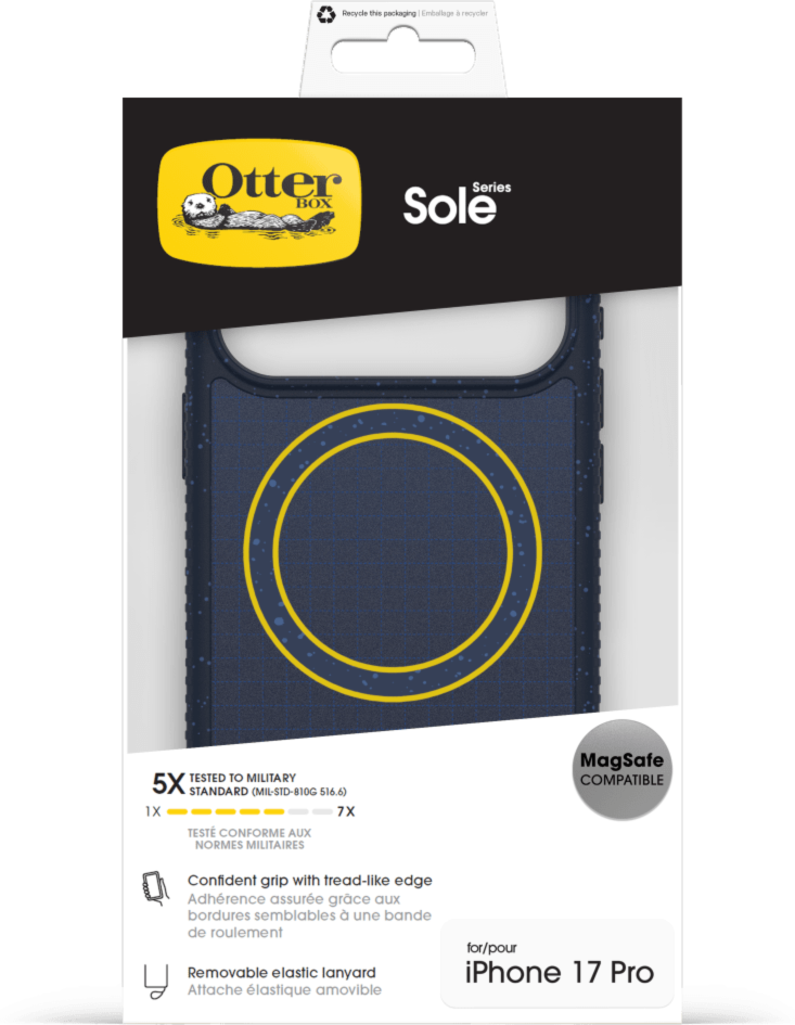The OtterBox Sole Series features a grippy, high-ridge tread and unique ombré fabric back for secure style. It offers MagSafe compatibility and a removable lanyard loop.
