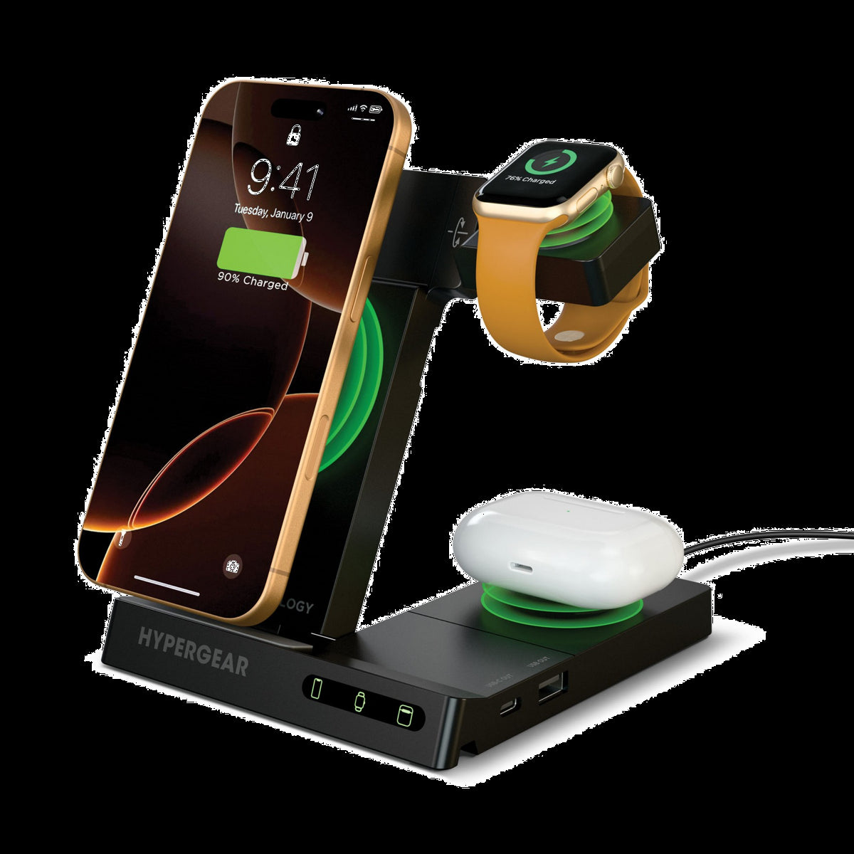 <p>The HyperGear PowerFold Pro 6-in-1 Foldable Wireless Charging Stand charges phones, Apple Watch and Samsung Watch, earbuds, and other devices via USB-C and two additional ports, all in a portable, foldable design.</p>