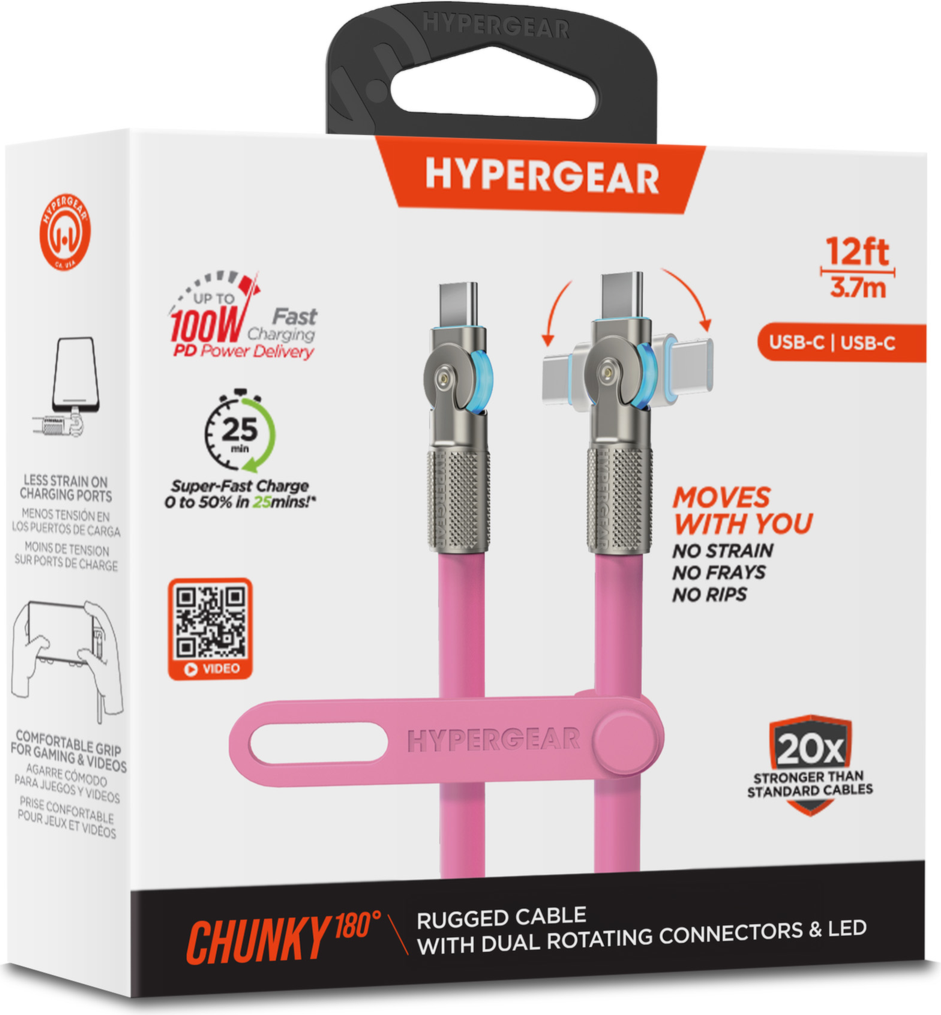HyperGear 12 ft. 360cm USB-C to USB-C Chunky 180 Rugged Cable w/Rotating Connectors - Pink