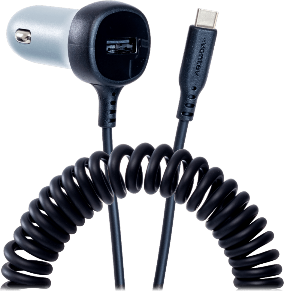 Ventev - Chargeur de voiture USB-A 12 W avec câble USB-C 15 W intégré - Gris foncé