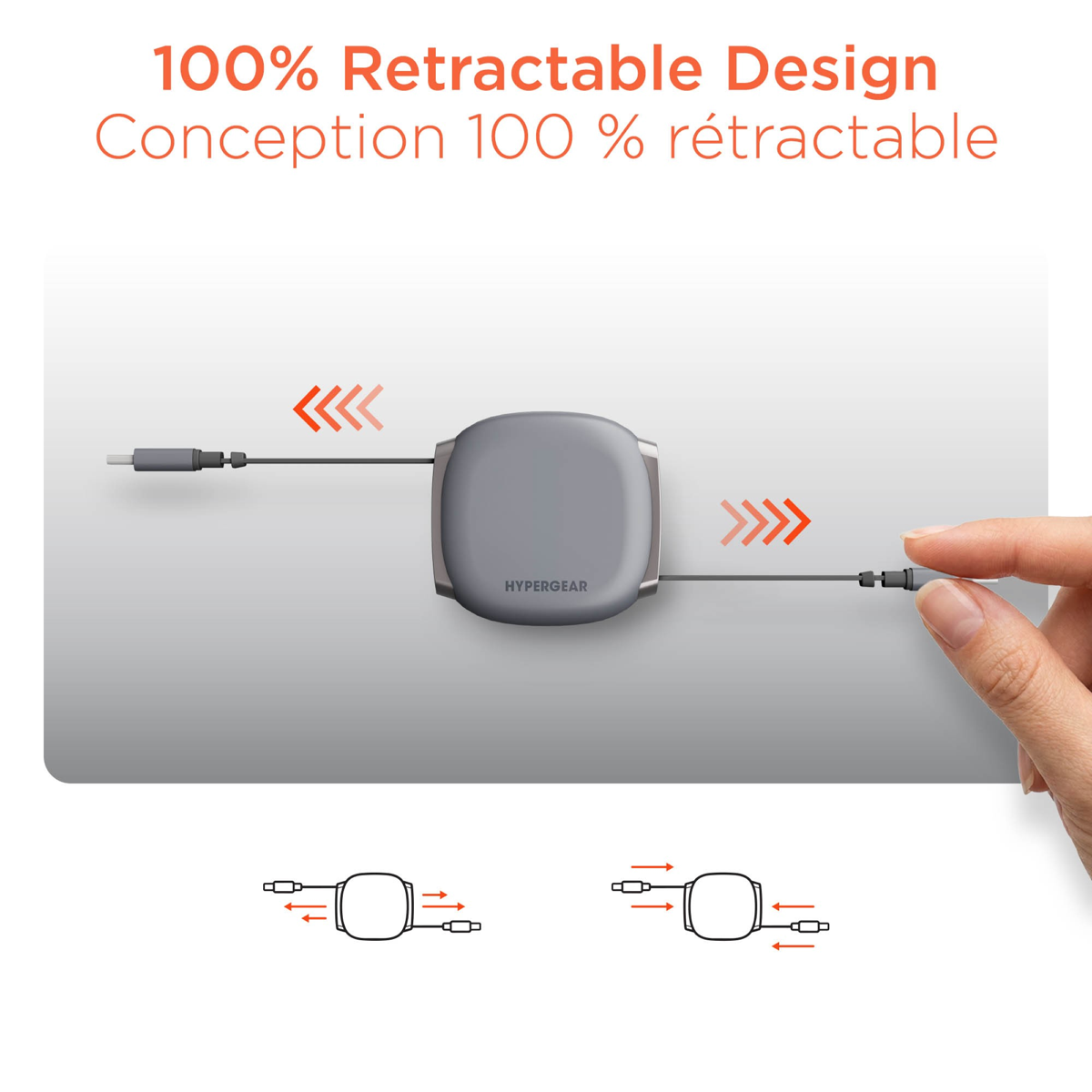 HyperGear FlexiGo 100W USB-C to USB-C Retractable Cable with Ultra-Slim & Compact Case - Grey