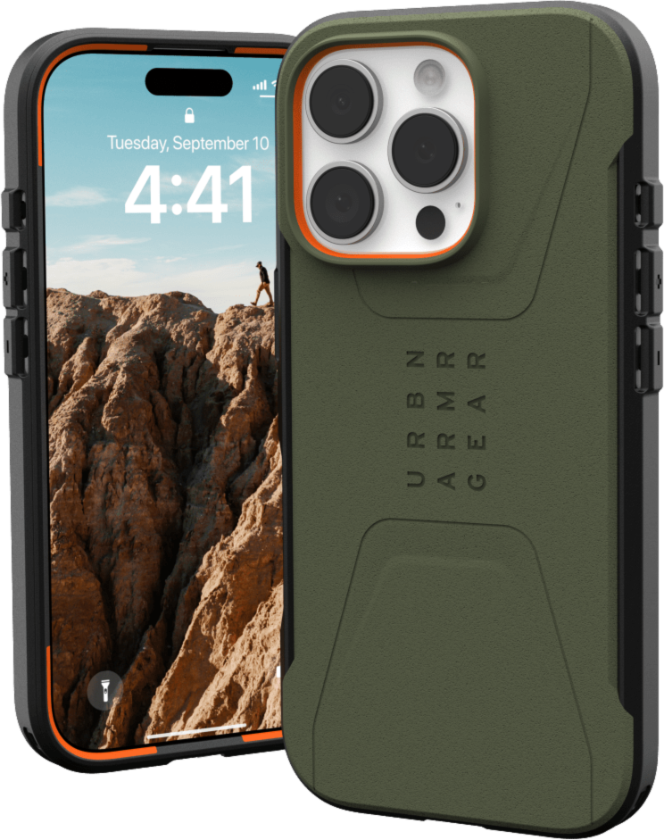 The modern yet rugged UAG Civilian case features shock absorbing construction in a lightweight design that is compatible with MagSafe charging.