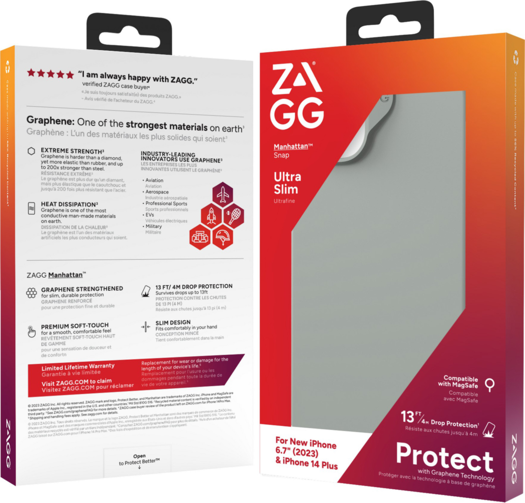 Strengthened with Graphene, ZAGG's Manhattan Snap series case combines premium silicone with 13 ft drop protection and seamless MagSafe compatibility.