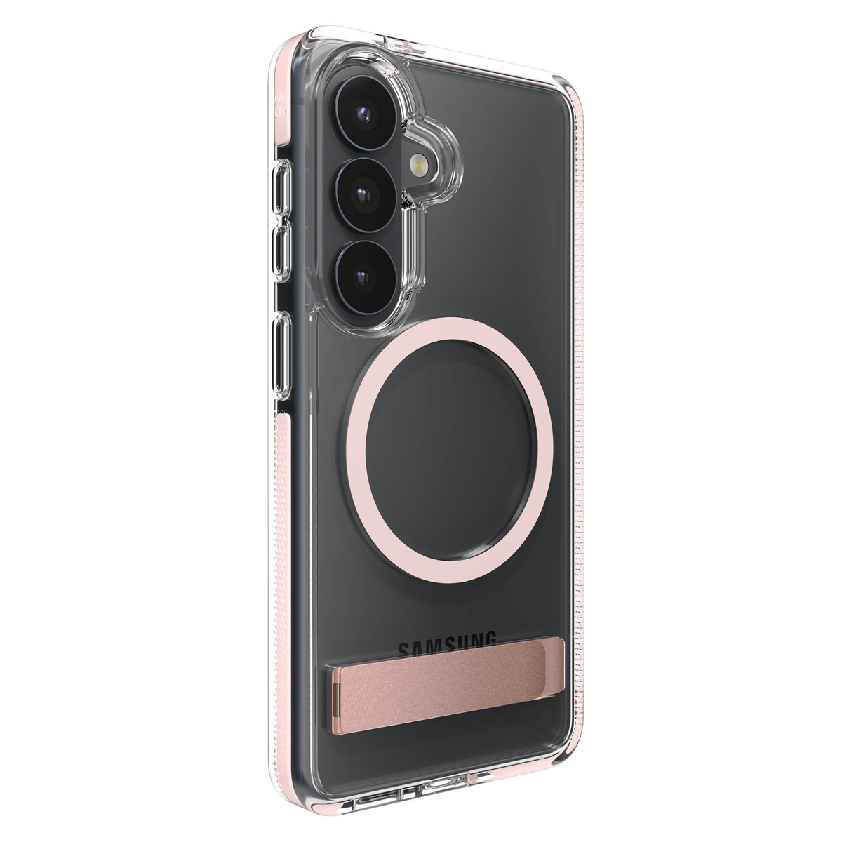 The ZAGG Santa Cruz Snap is a transparent case with pops of color that accent its design. It offers 13-foot drop protection, a sturdy kickstand that folds flush with the case.