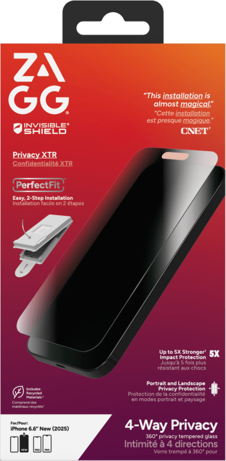 ZAGG 200118664 Protection D'écran de Confidentialité InvisibleShield Glass XTR 4 Voies pour iPhone Air