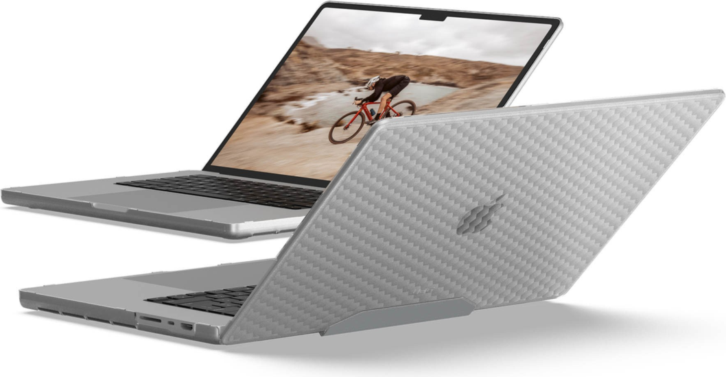 The UAG Essential Armor for Apple MacBooks is a one-piece, featherlight case featuring a translucent design, tactile grip, MIL-STD drop protection, and cooling vents for optimized performance.
