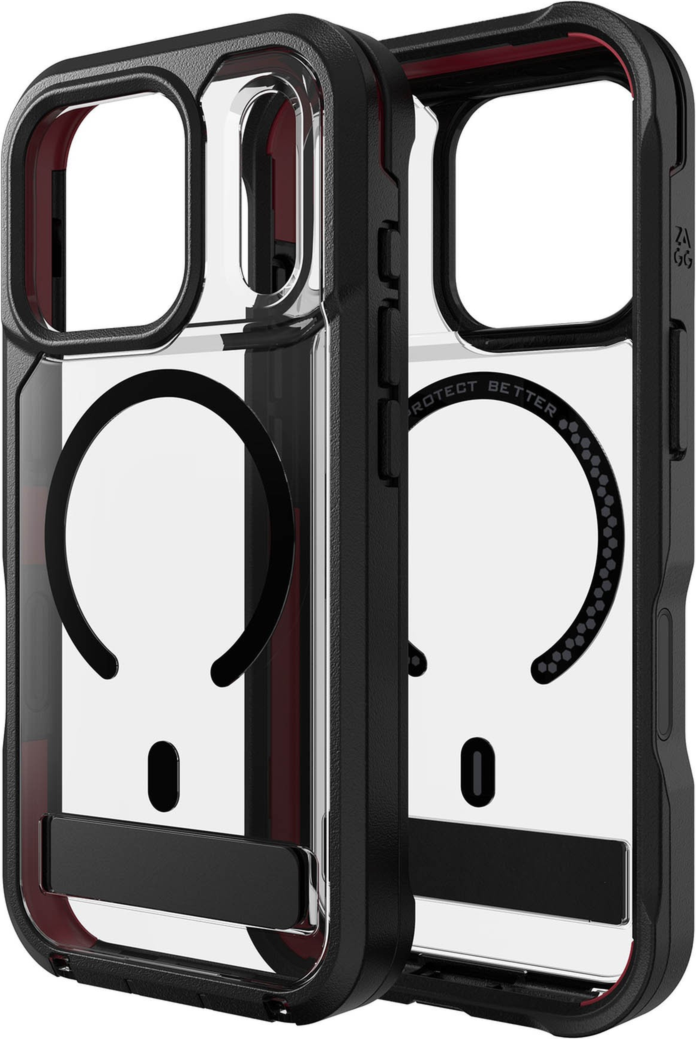Protecting devices from drops up to 22 feet, the ZAGG Rainier case offers extreme protection with a kickstand and magnetic ring compatible with MagSafe and magnetic accessories.