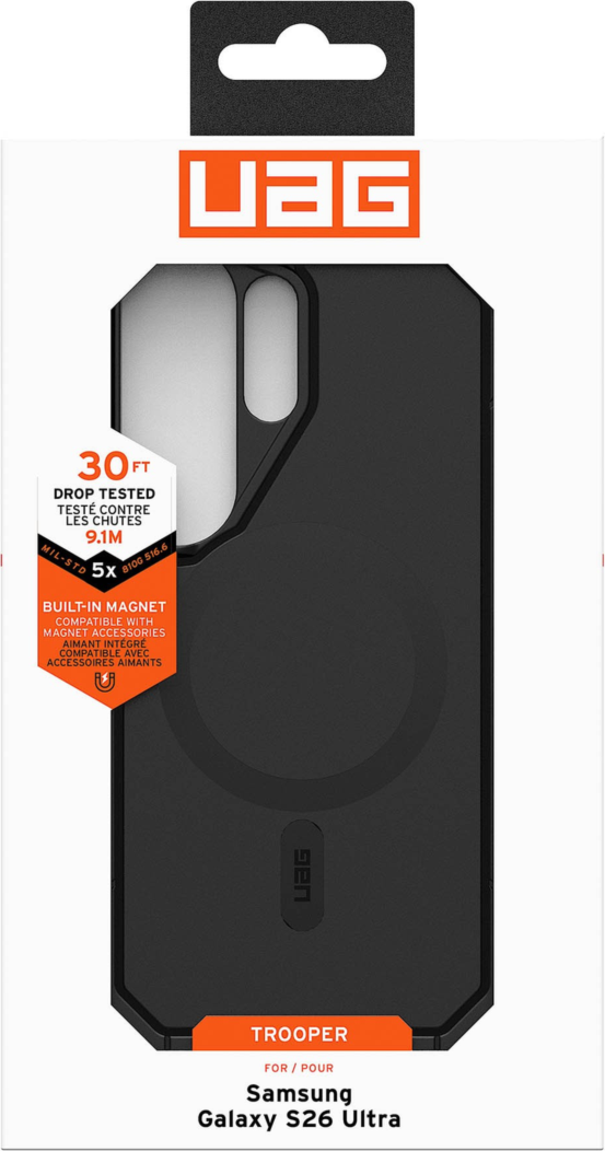 The UAG Trooper case offers 30ft drop protection, a 2-piece design, and a port cover to shield against the elements. Features a traction grip and a built-in magnet module.
