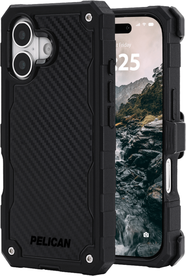 The Pelican Shield MagSafe Case offers 24-foot drop protection, featuring a dual-layer defense, carbon fiber, a textured grip, a versatile belt clip/stand, and MagSafe charging compatibility.