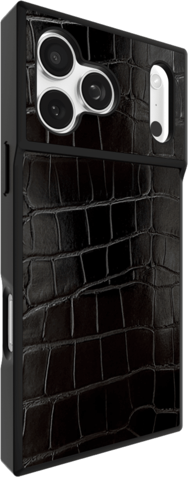 The FLAUNT SQUARE® Faux Leather case offers sleek, chic protection with a patent-pending square design and cushioned corners for enhanced shock absorption, featuring 12ft drop test protection.