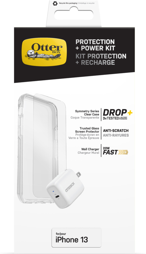 Get 360° protection and power all in one bundle with the OtterBox Protection + Power Kit which includes a Symmetry Series Clear case, a Trusted Glass Screen Protector and a 20W Wall Charger.