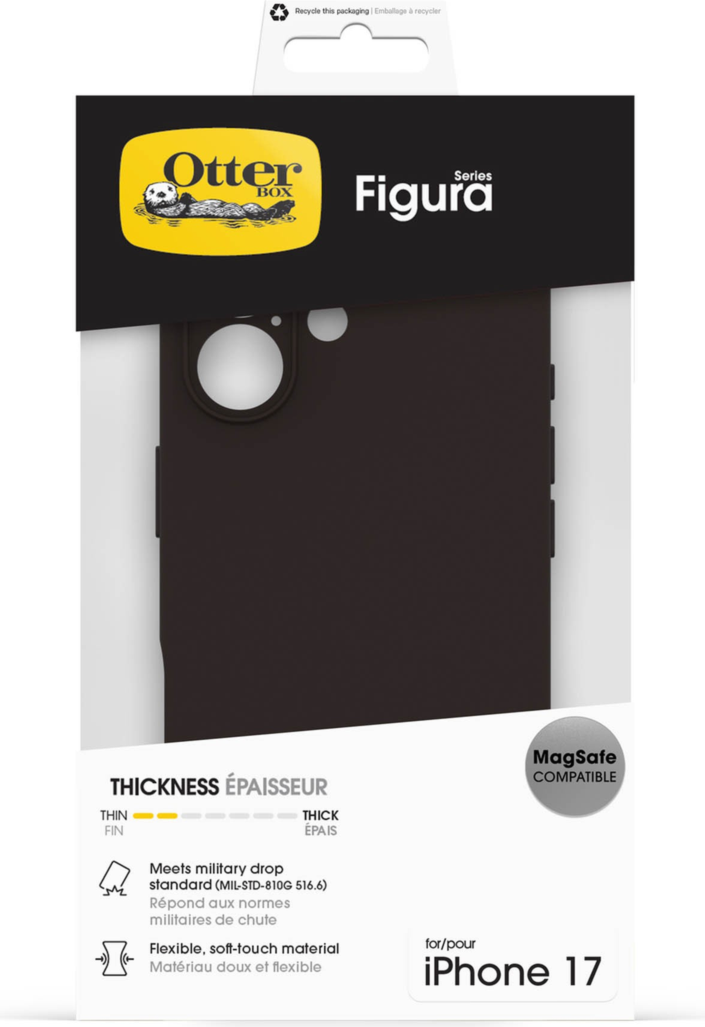The OtterBox Figura Series blends a velvety-soft feel with ultra-slim protection, military-grade drop defense, MagSafe compatibility, and raised edges to guard the screen and camera.