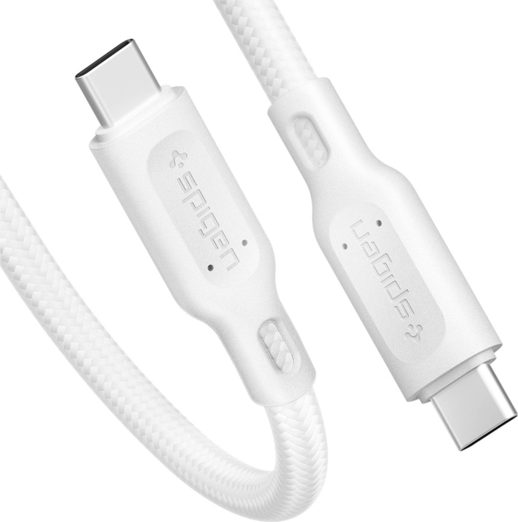 The Spigen 4ft / 120cm USB-C to USB-C Cable (2pk) delivers fast 60W charging, rapid data transfer, and durable, tangle-free performance in a sleek white design.