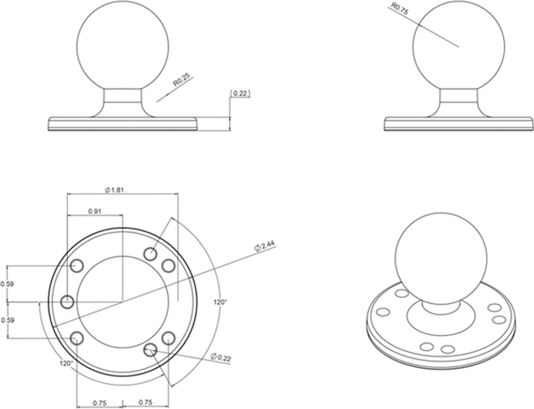 Ram Round Late with Ball is a C size ball mount with pre-drilled universal AMPS hole pattern.