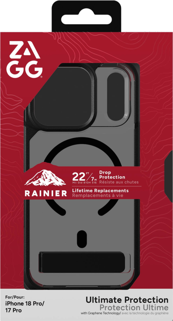 Protecting devices from drops up to 22 feet, the ZAGG Rainier case offers extreme protection with a kickstand and magnetic ring compatible with MagSafe and magnetic accessories.