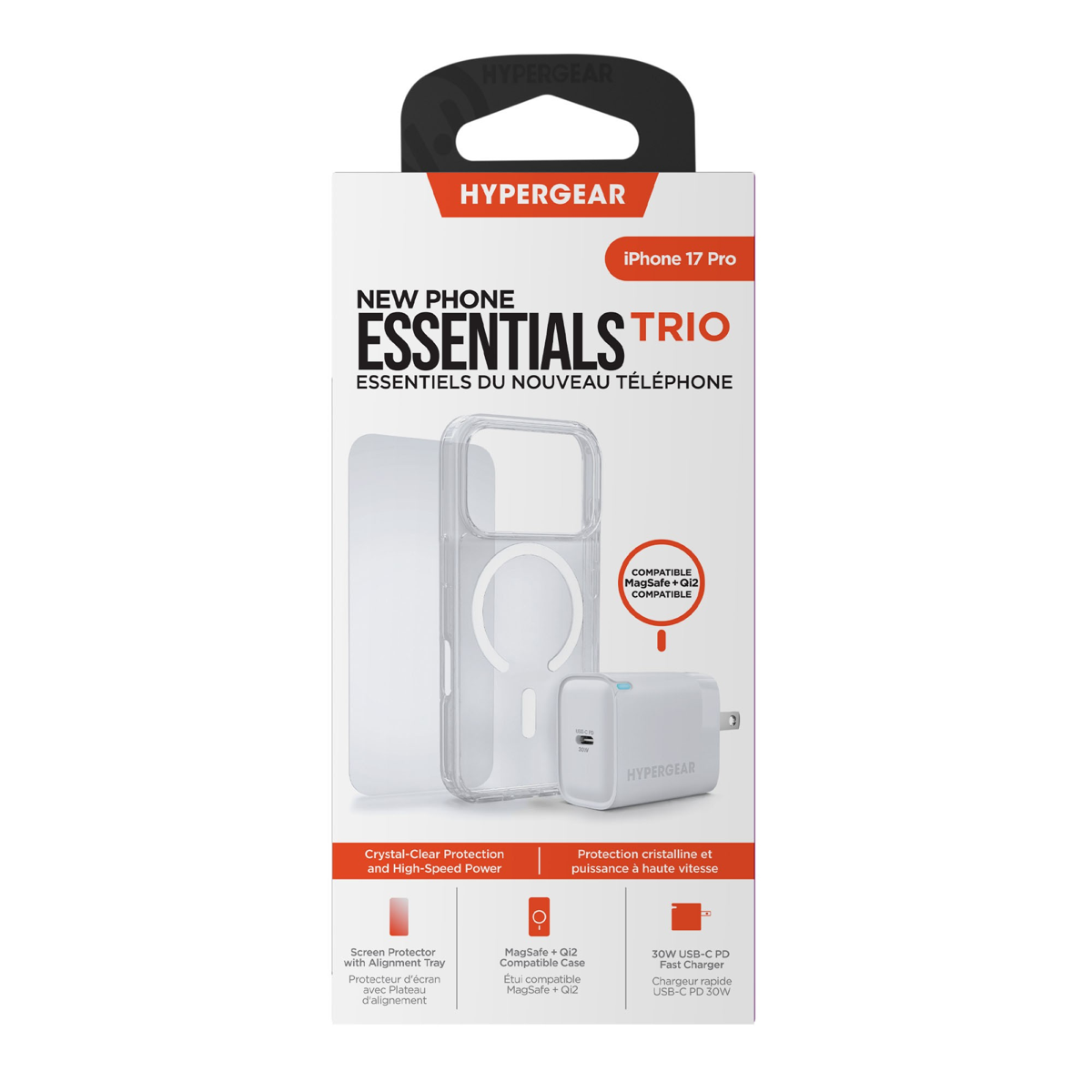 The HyperGear Accessory Bundle provides all the essentials to get started with a new phone: a clear MagSafe case, a screen protector, and a fast-charging 30W power adapter.