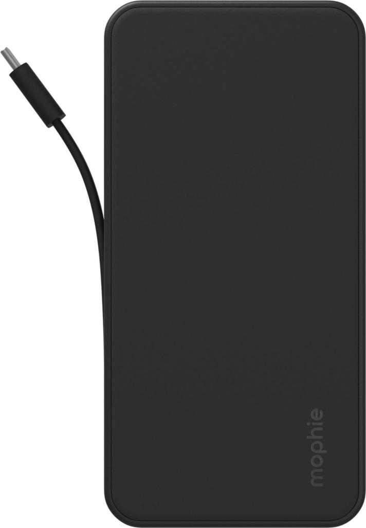 Mophie 10,000 mAh Powerstation Plus delivers up to 20W fast charging with an integrated USB-C cable, dual-device charging, and enough power for up to two full phone charges.