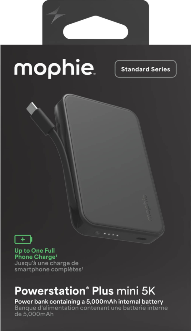 The Mophie 5,000 mAh Powerstation Plus Mini delivers up to 15W fast charging with an integrated USB-C cable, dual-device charging, and a compact travel-ready design.