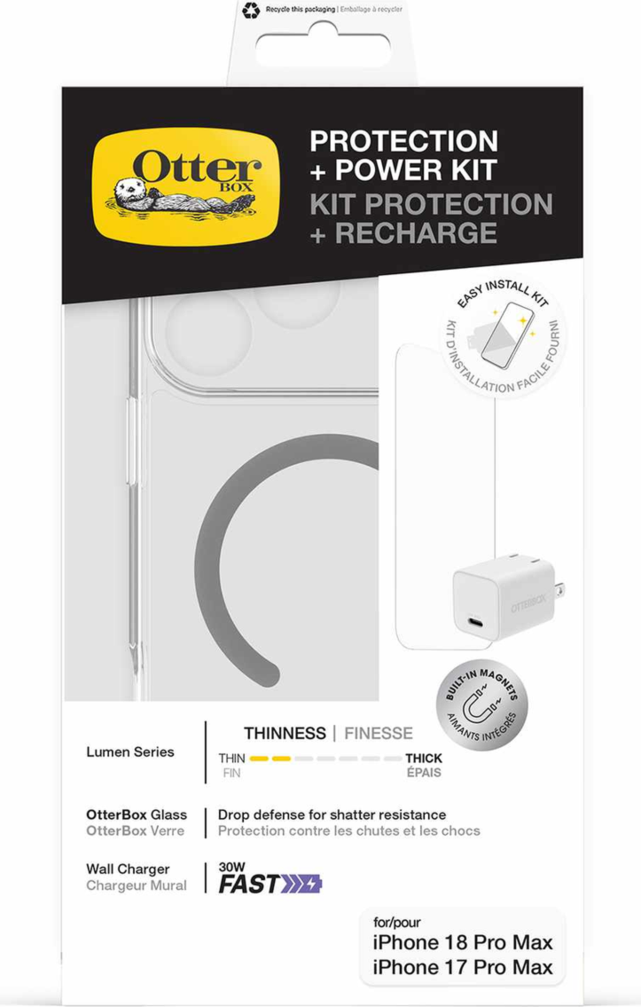 OtterBox - Ensemble Protection+Power (étui clair Lumen avec verre + chargeur mural 30 W) pour iPhone 18 Pro Max/17 Pro Max