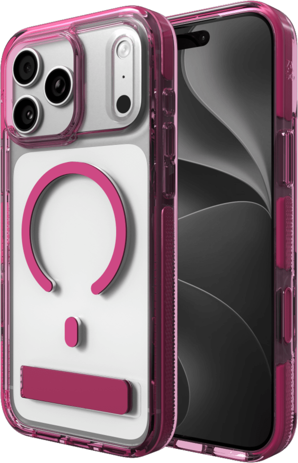 The ZAGG Santa Cruz Snap is a transparent case with pops of color that accent its design. It offers 13-foot drop protection, a sturdy kickstand that folds flush with the case, and is MagSafe compatible.