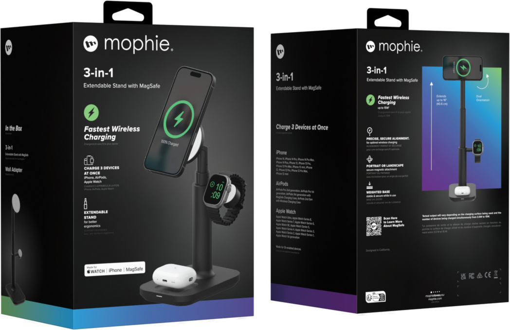 <p>The mophie wireless 3-in-1 extendable stand with MagSafe is a charging stand for iPhone, AirPods, and Apple Watch designed to save space while lifting your phone up to your line of sight.</p>