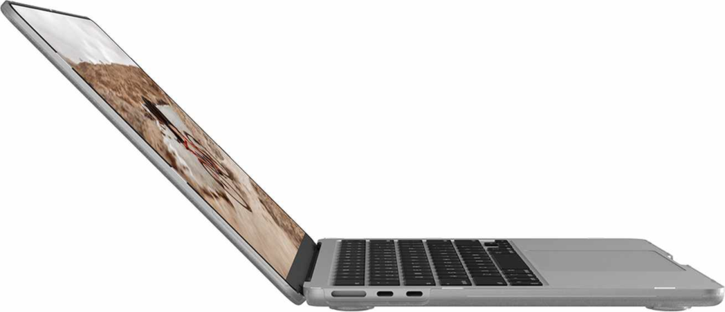 The UAG Essential Armor for Apple MacBooks is a one-piece, featherlight case featuring a translucent design, tactile grip, MIL-STD drop protection, and cooling vents for optimized performance.